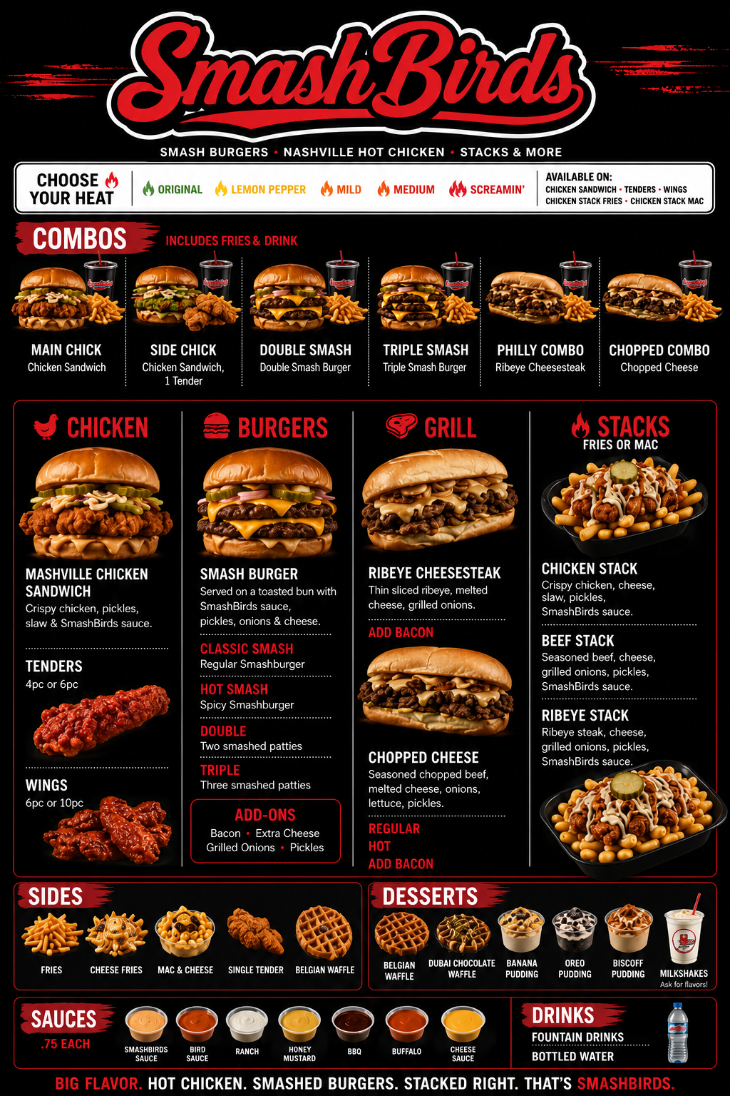 Full Smash Birds menu board with combos, chicken, burgers, grill, stacks, sides, desserts, sauces and drinks